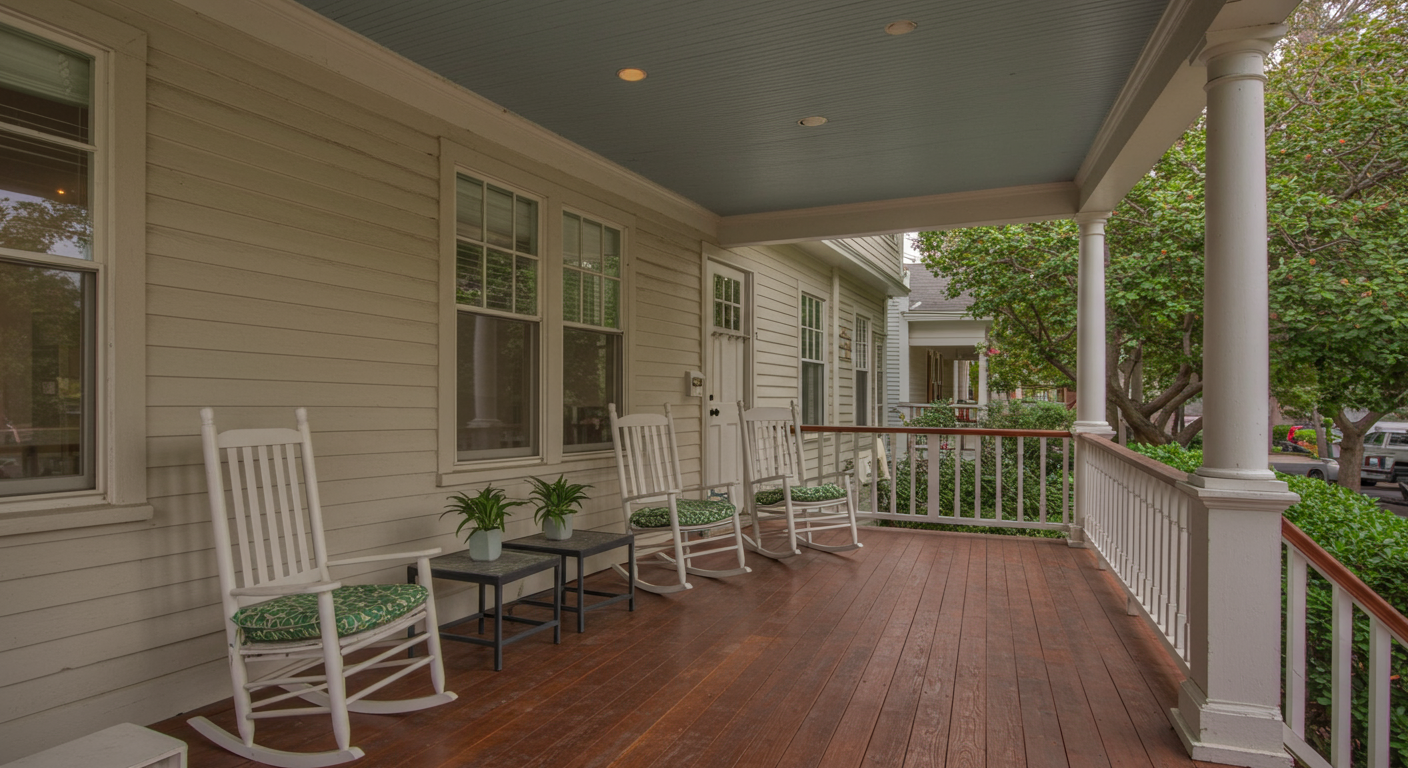 A charming front porch deck featuring a mix of traditional and modern elements, complete with rocking chairs and decorative railings, capturing the essence of Pasadena's architectural diversity.