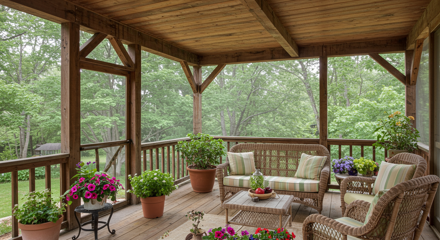 A cozy screened-in porch featuring rustic wooden beams, comfortable wicker furniture, and vibrant potted plants. The setting includes a view of a lush garden, creating a serene outdoor atmosphere.