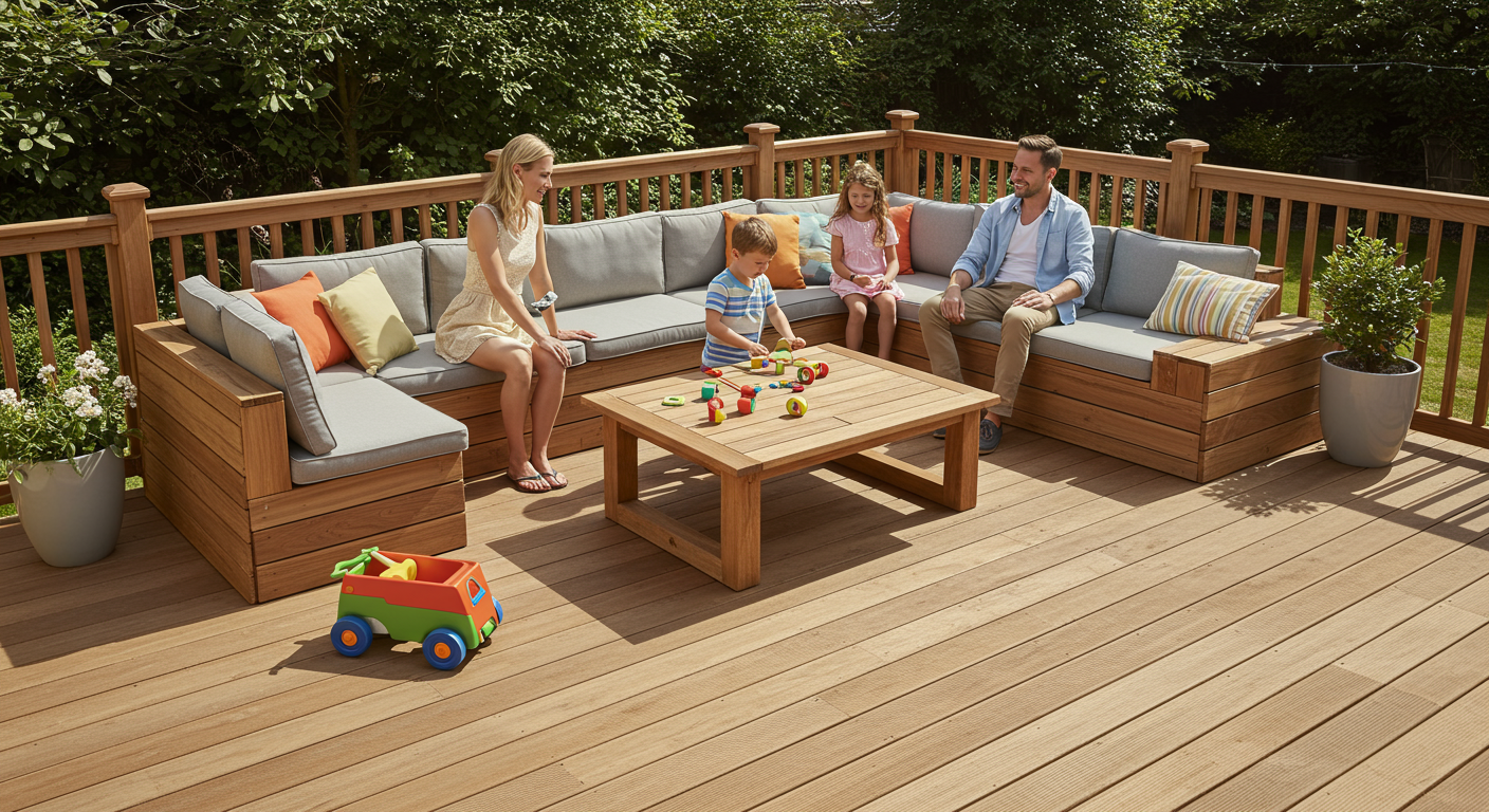 A family enjoying their new deck, playing games and relaxing, showcasing the joy of outdoor living.