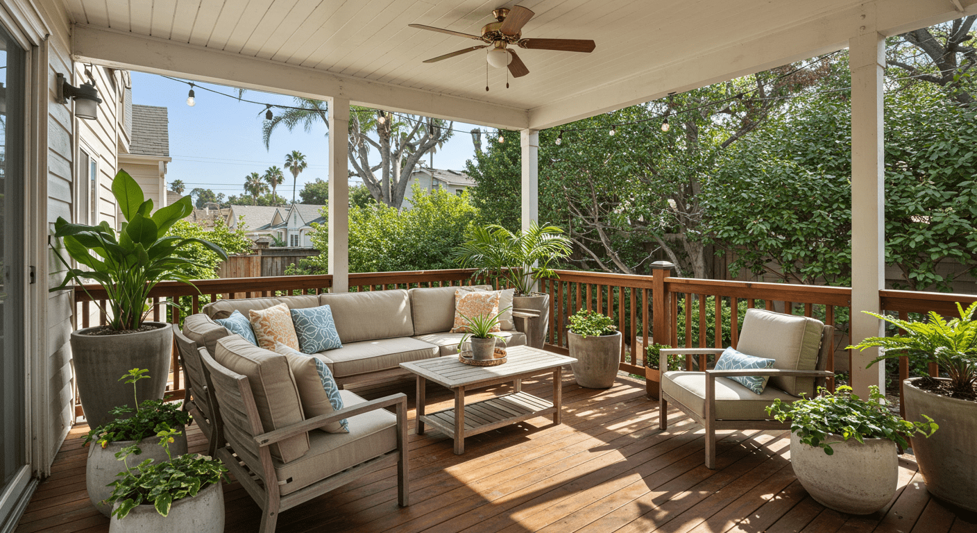 A beautifully designed back porch featuring a wooden deck, comfortable seating, and potted plants, set against a backdrop of a sunny Los Angeles neighborhood.