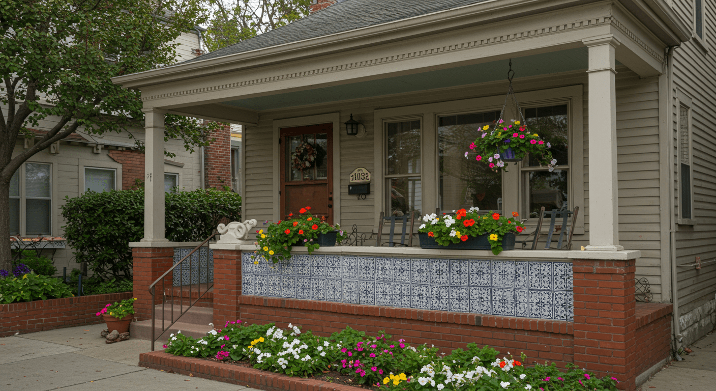 A charming front porch adorned with local Monterey Park design elements, such as tile work and vibrant flowers, creating a unique and inviting atmosphere.
