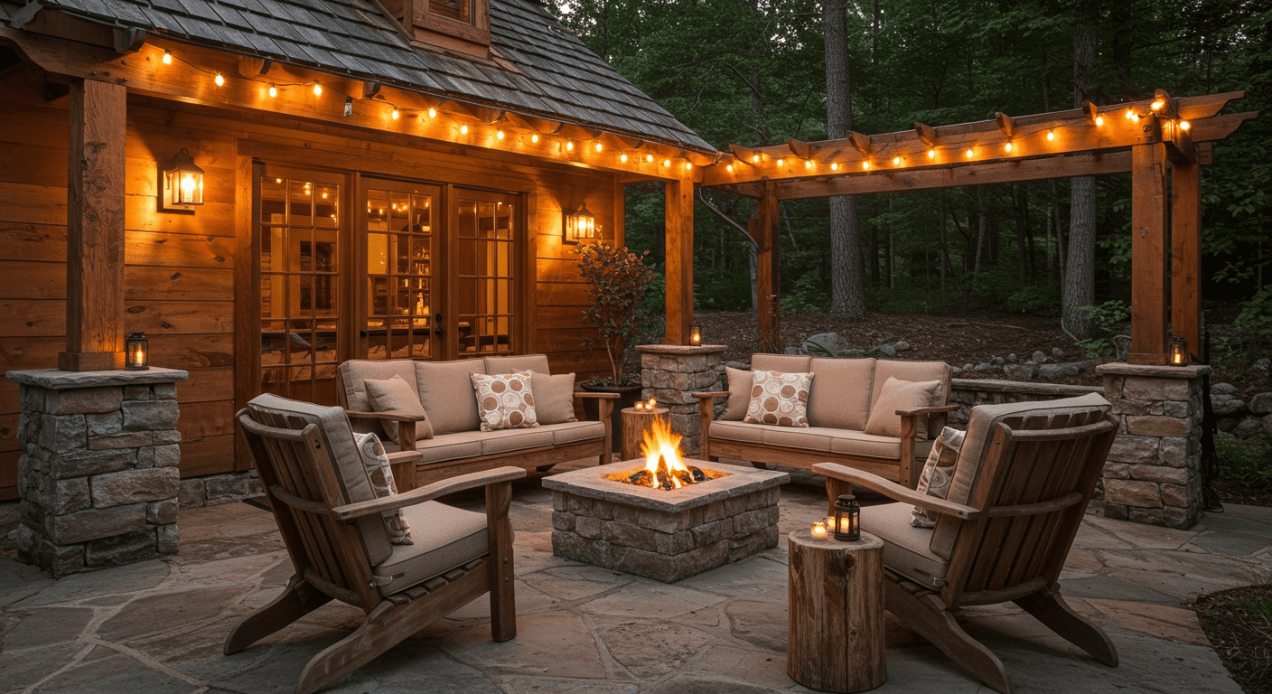 A charming rustic patio adorned with wooden furniture, stone accents, and a fire pit surrounded by cozy seating. The setting is enhanced by twinkling fairy lights and natural wood elements, creating a warm and inviting space perfect for gatherings.