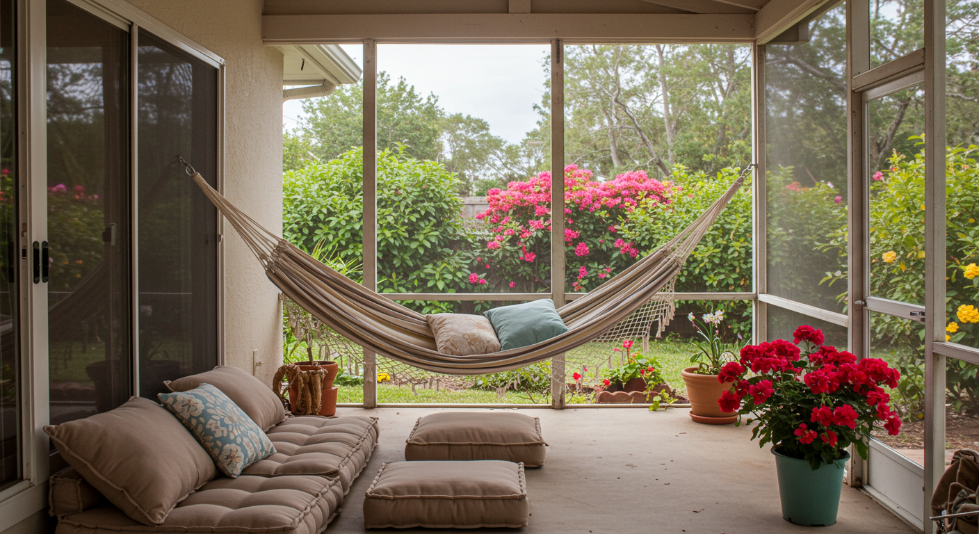 A serene screened-in patio with a hammock and soft cushions, set against a backdrop of colorful flowers and plants. The tranquil setting invites relaxation and enjoyment of the outdoors.