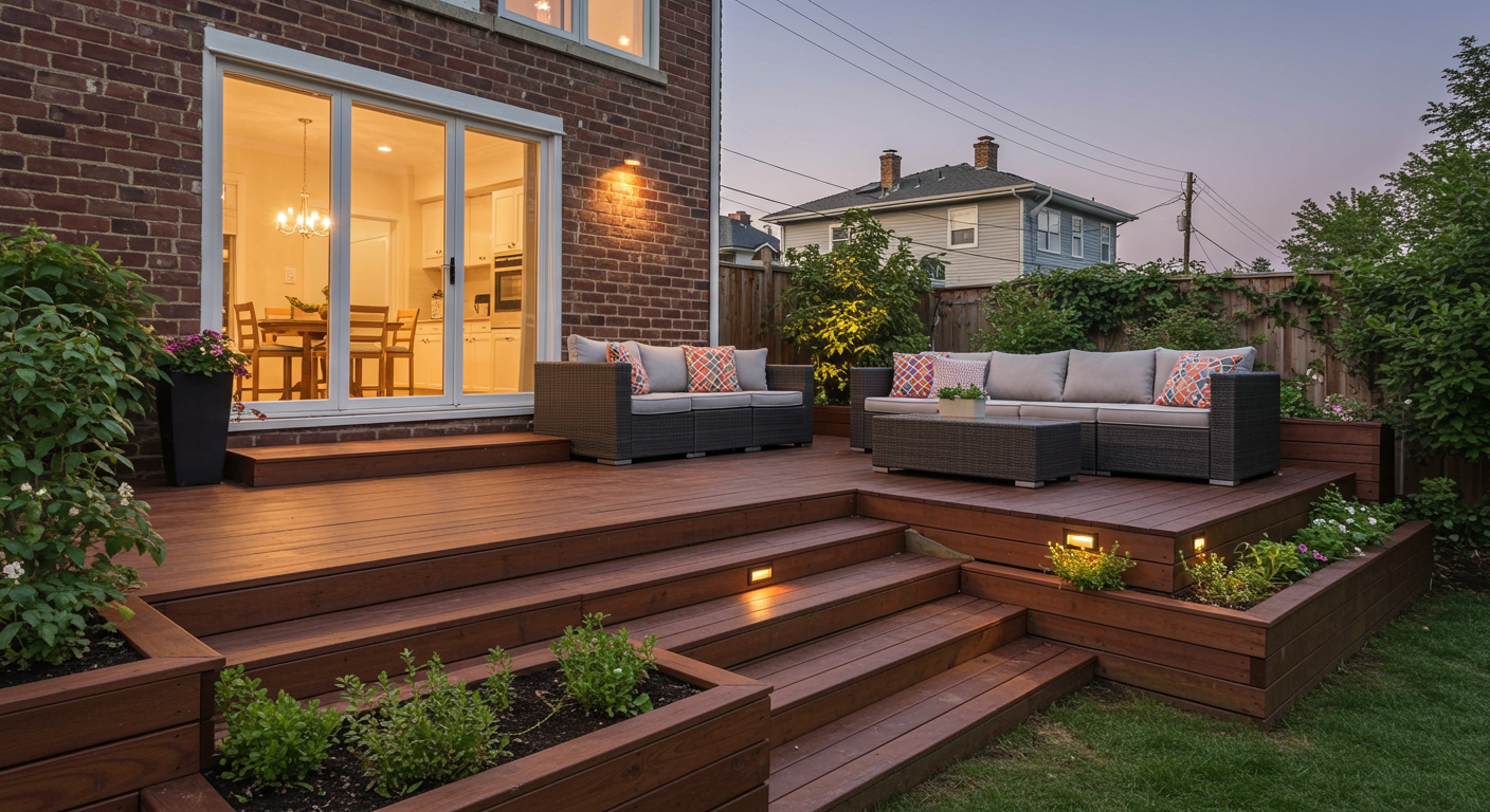 A vibrant outdoor living space featuring a multi-level deck with integrated planters, outdoor lighting, and cozy seating areas.