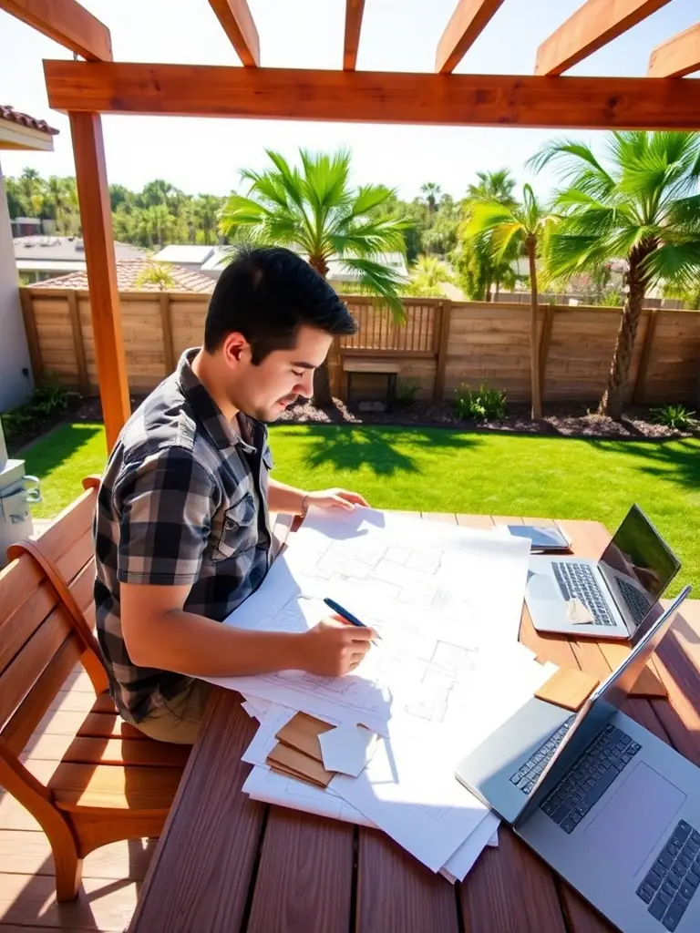 A high-angle photograph of a deck designer sketching plans at an outdoor table, surrounded by material samples and blueprints, with a sunny Los Angeles backyard in the background.