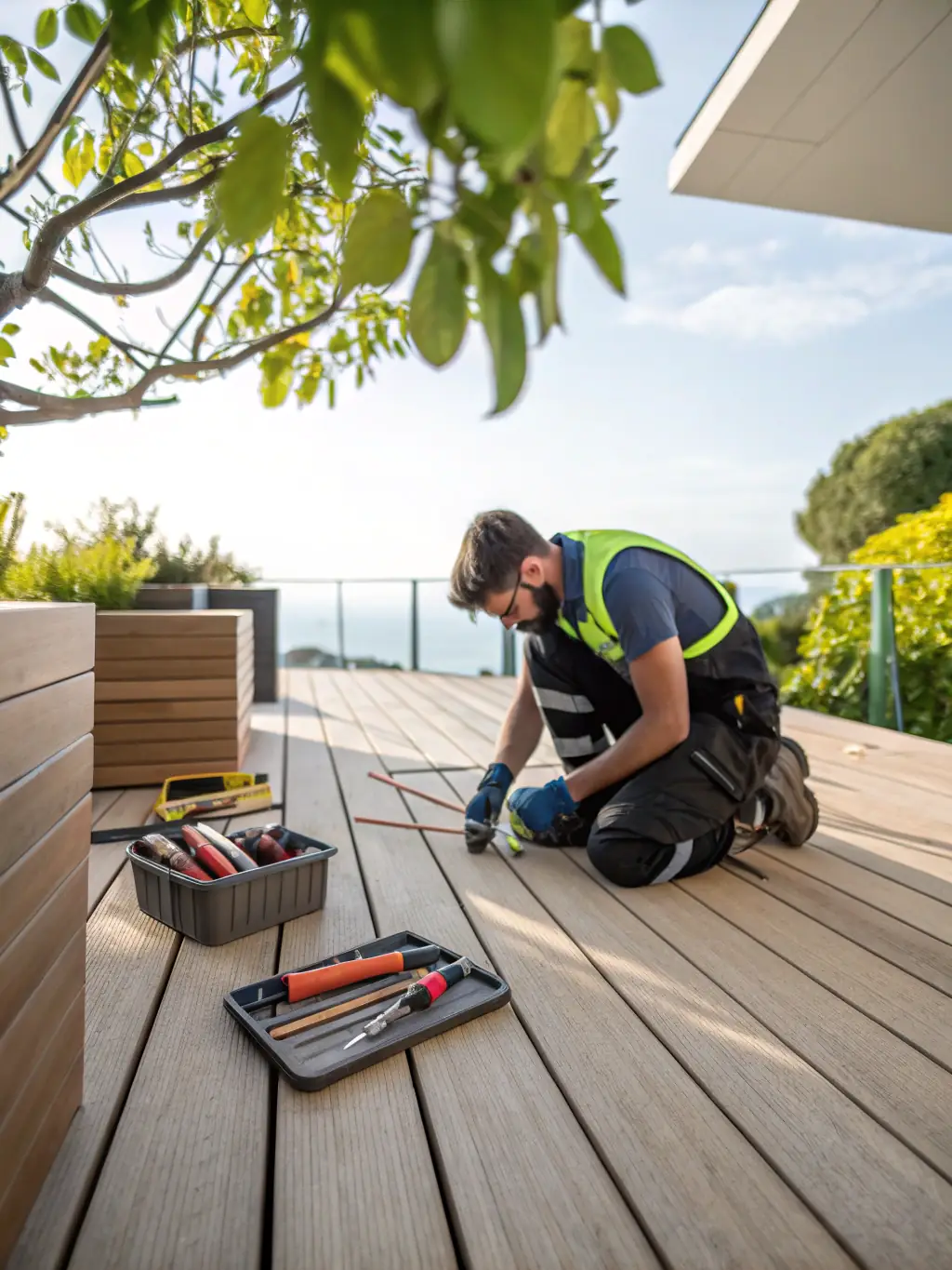 A close-up shot of a deck repair technician replacing damaged wooden planks on an older deck, with tools and safety equipment visible.