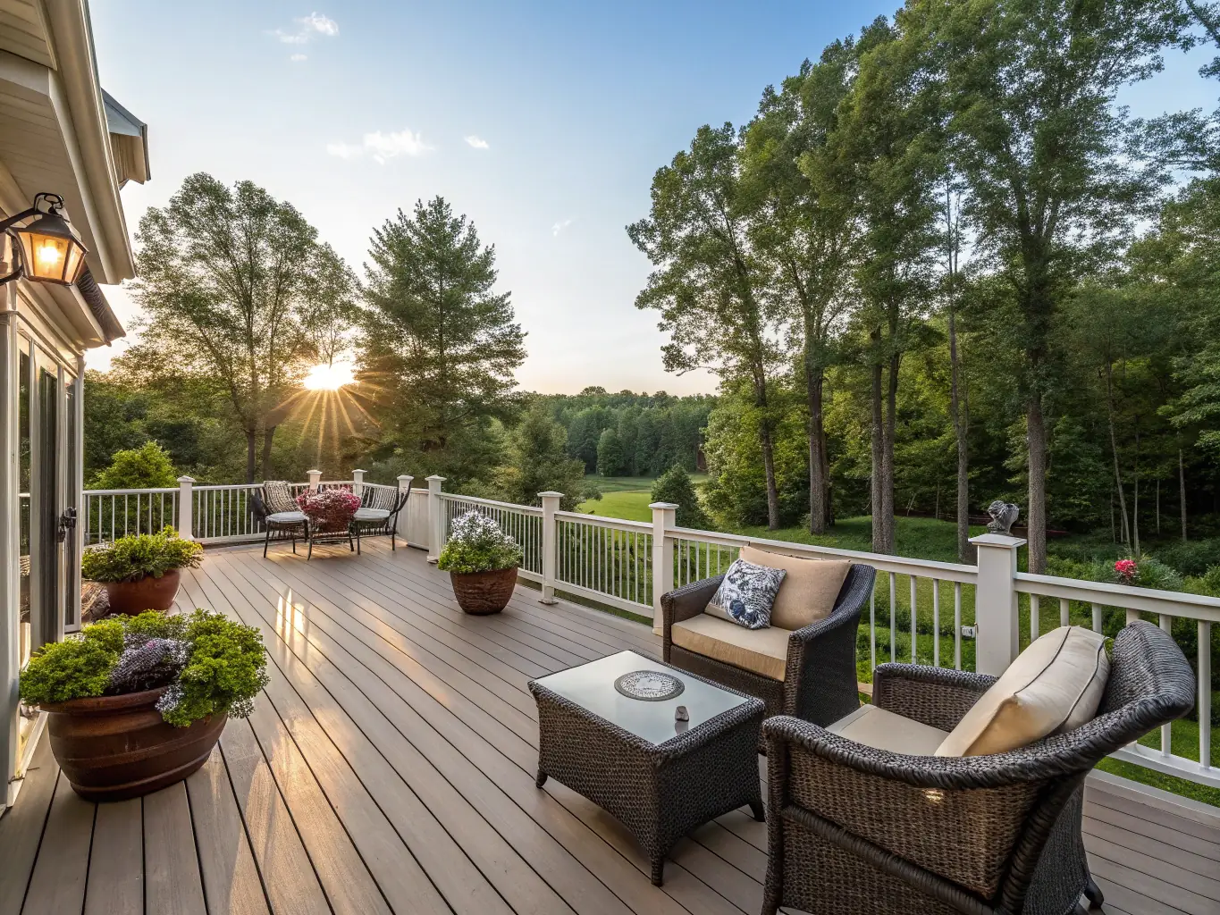 A beautifully designed wooden deck with modern outdoor furniture, lush greenery, and ambient lighting, showcasing Decks of Los Angeles' custom deck design service.