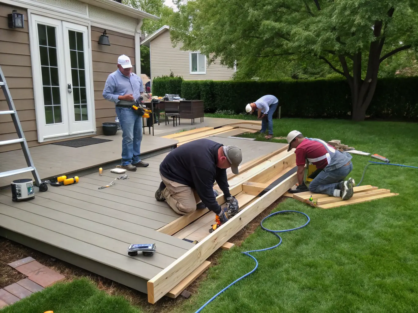 A team of workers installing a wooden deck on a residential backyard with precision and care, representing Decks of Los Angeles' professional deck installation service.