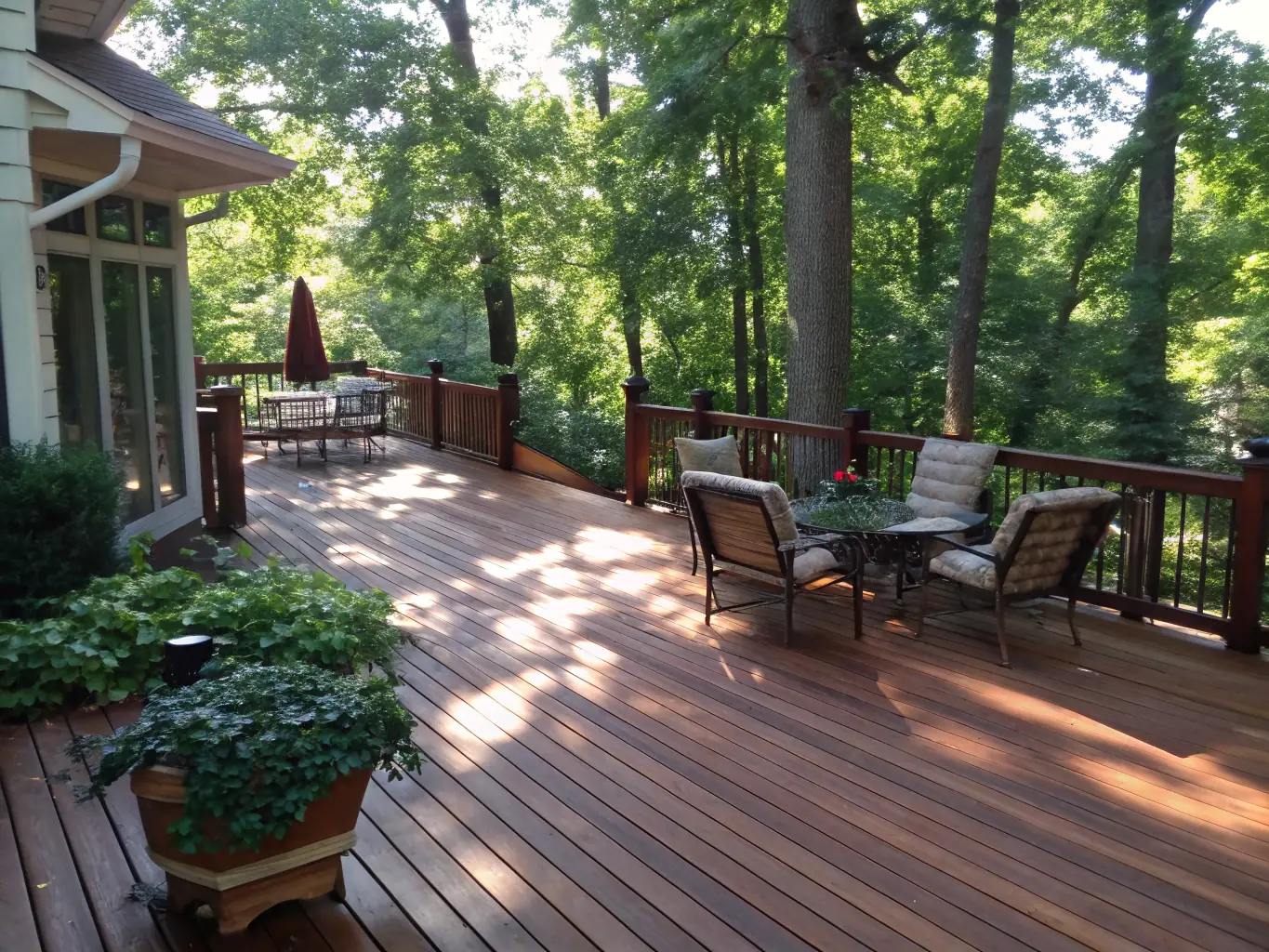 A close-up of a repaired wooden deck with fresh stain and repaired boards, illustrating Decks of Los Angeles' deck repair and maintenance service.