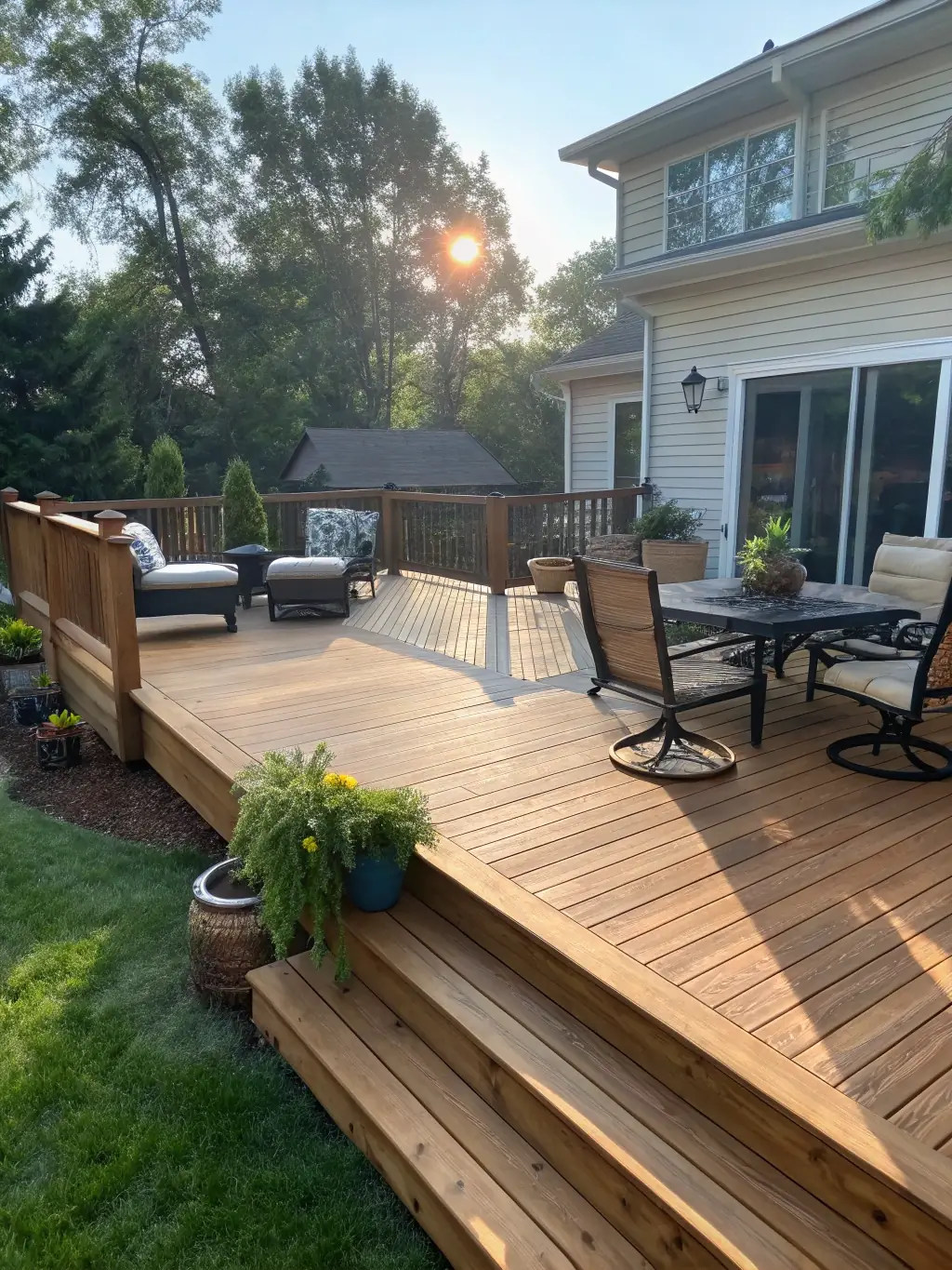 A wide shot of a completed multi-level deck with integrated lighting and a built-in barbecue area, showcasing the possibilities of a full deck renovation by Decks of Los Angeles.