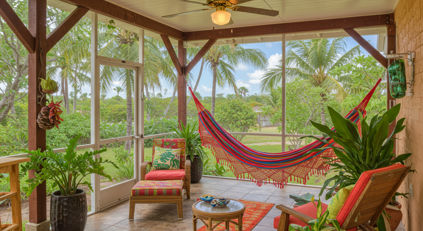 A tropical-themed screened in porch featuring vibrant colors, exotic plants, and a hammock.