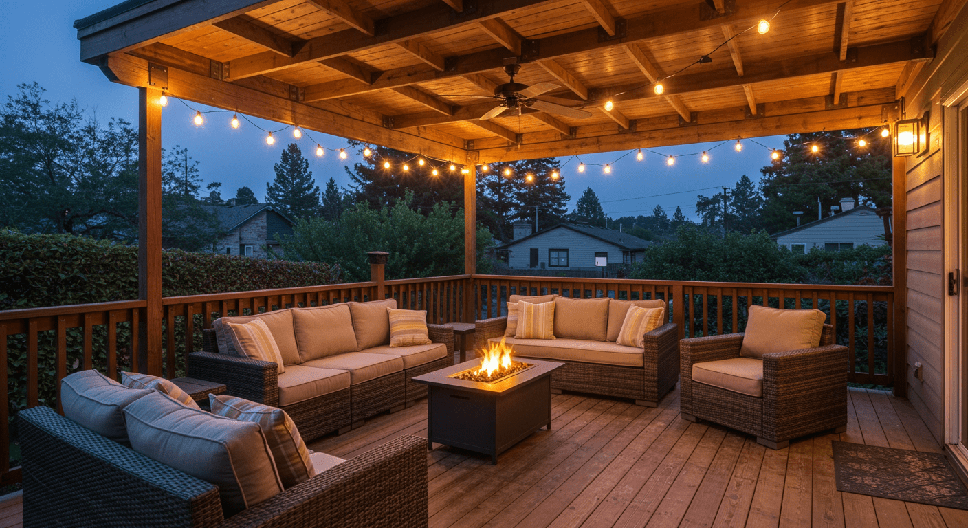 A cozy covered deck illuminated by string lights, with plush seating and a fire pit. The ambiance is perfect for relaxation, showcasing the versatility of covered decks for evening enjoyment in Pasadena's mild climate.
