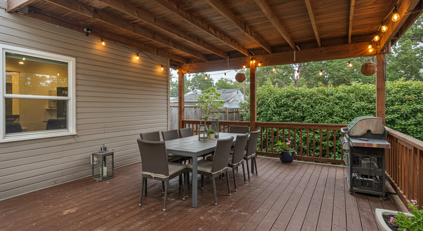 A cozy back deck porch set up for a family gathering, featuring a large dining table, string lights overhead, and a barbecue grill. The deck is surrounded by lush greenery, providing a serene escape in the heart of Los Angeles.