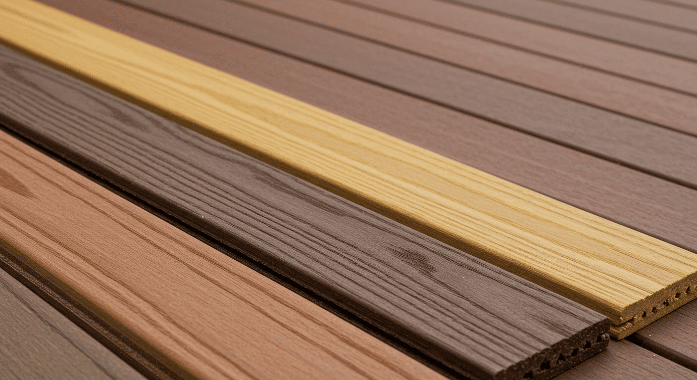 A close-up of different decking materials displayed side by side, including traditional wood, composite, and PVC options. The background features a blurred image of a completed deck to highlight the materials in use.