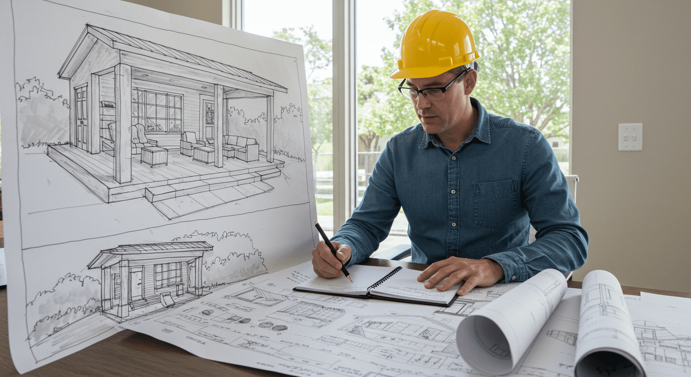 An architect or designer reviewing blueprints and sketches of outdoor living spaces in a bright office setting. The image emphasizes the planning and creativity involved in Archadeck projects.