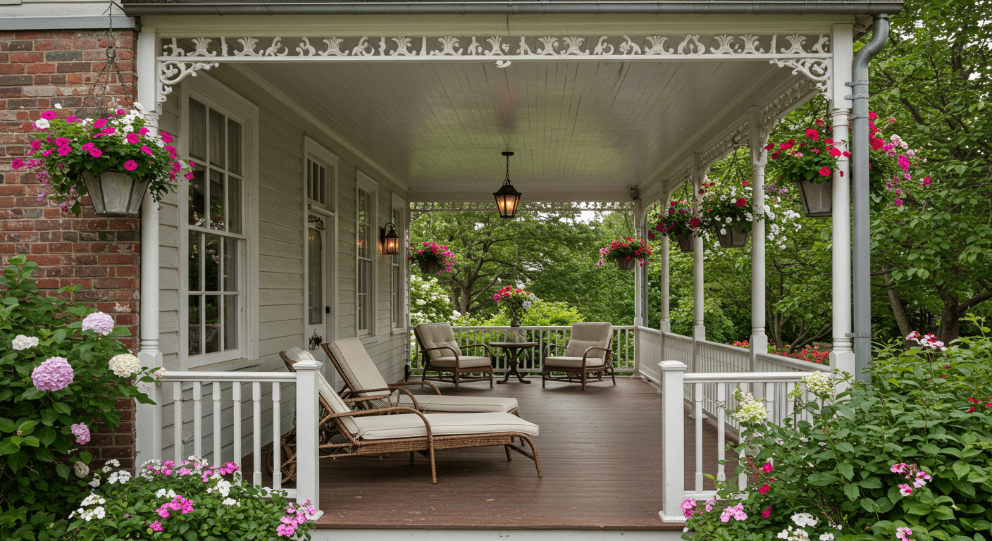 An elegant covered porch with a classic design, featuring ornate railings and comfortable lounge chairs. The porch is surrounded by flowering plants, creating a serene retreat.