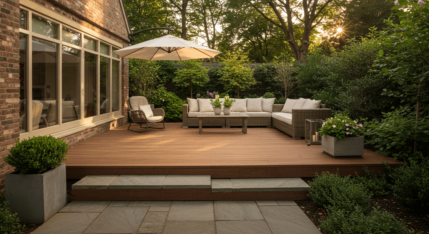 A beautifully designed custom patio featuring a blend of natural stone and wooden decking, surrounded by lush greenery and outdoor furniture.