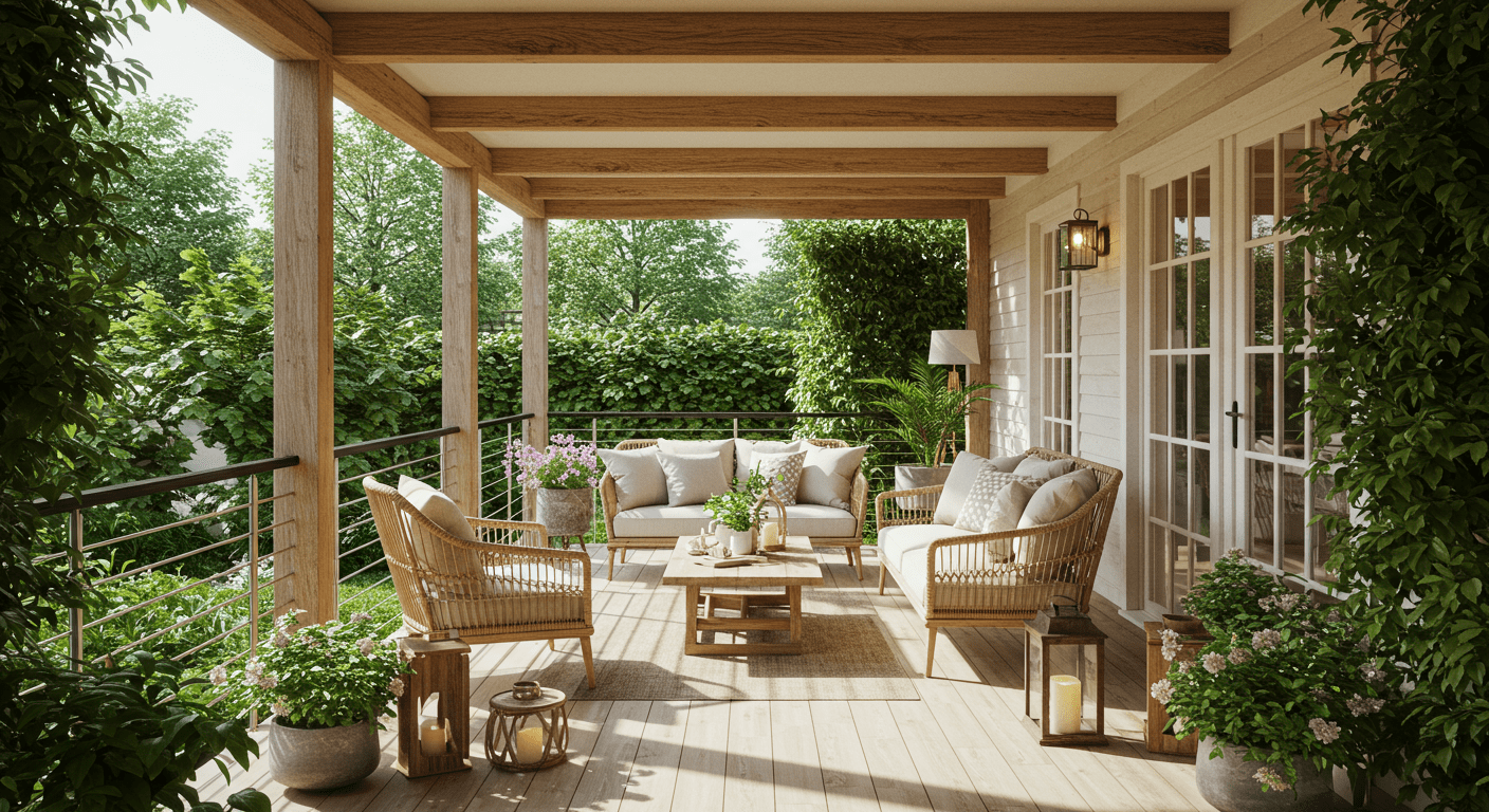 A beautifully designed porch showcasing a blend of modern and traditional styles, with comfortable seating and decorative elements.