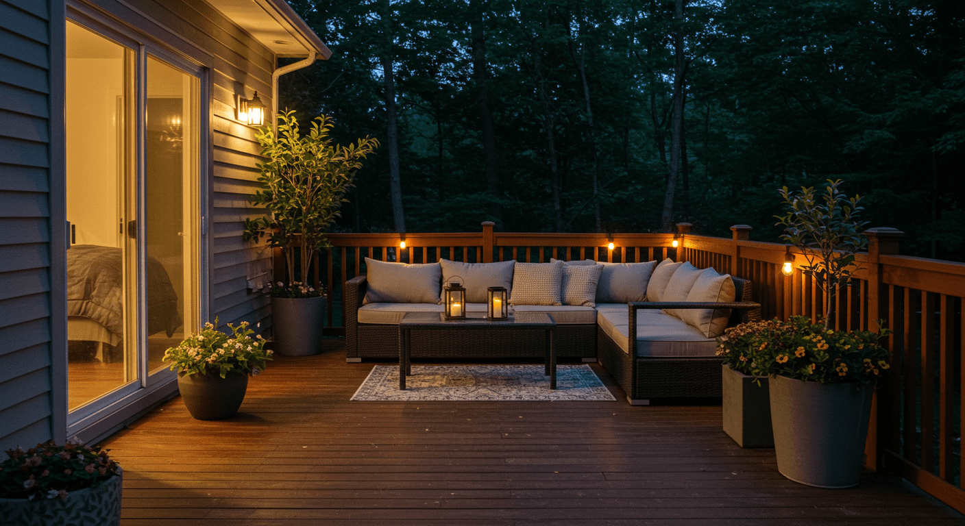 A serene evening scene of a deck illuminated with soft lighting, featuring cozy seating and decorative plants. The ambiance is warm and inviting, perfect for outdoor gatherings under the stars.
