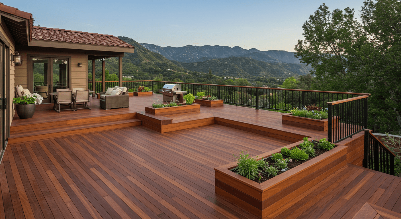 An expansive multi-level deck featuring different zones for lounging, dining, and gardening. The deck is made of rich hardwood, with a stylish railing and integrated planters, set against a backdrop of the San Gabriel mountains.