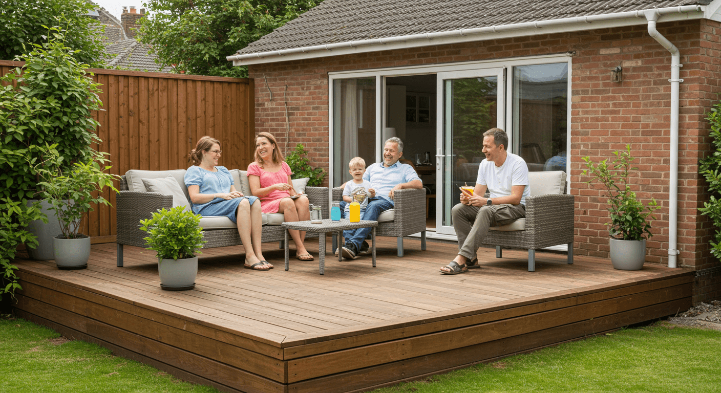 A happy family gathered on a beautifully constructed wooden deck, enjoying a sunny day with outdoor furniture and plants around. The scene captures laughter and relaxation, showcasing the joy of outdoor living.