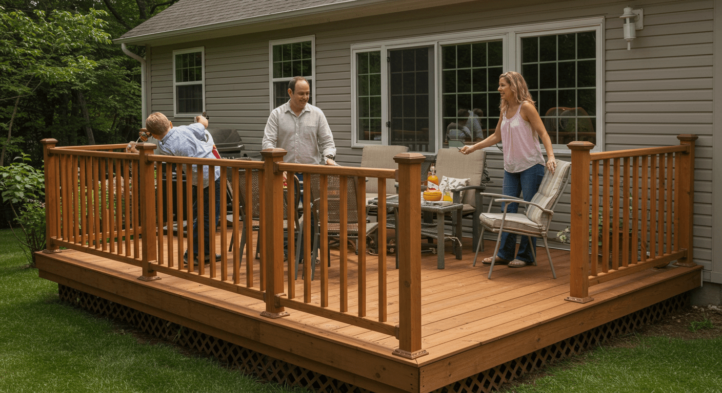 A family enjoying their time on a newly built deck, engaging in activities like grilling and relaxing. This image highlights the social aspect of outdoor living and the joy that a well-constructed deck brings to a home.