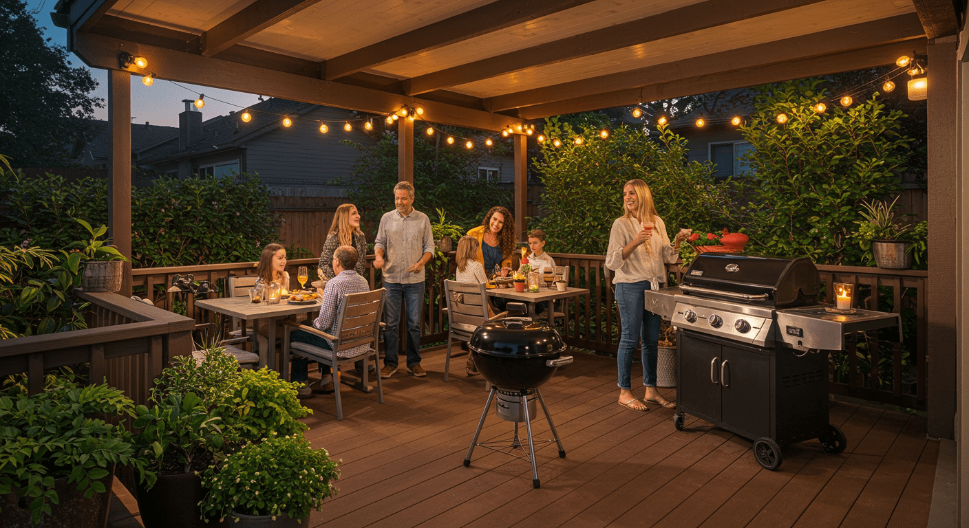 A lively scene of a family enjoying a barbecue on a spacious covered deck. The deck is adorned with decorative lights and greenery, highlighting the joy of outdoor living in Monterey Park.