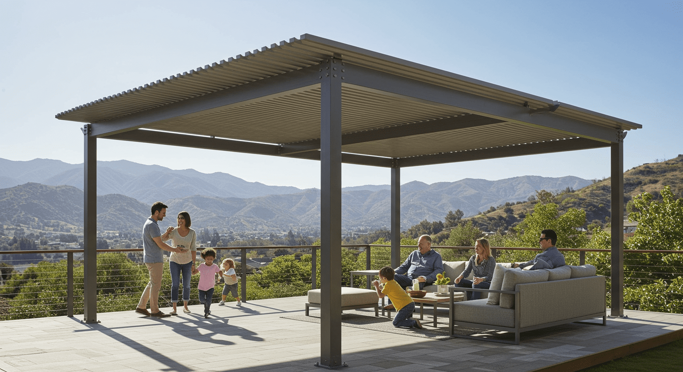 A family enjoying a sunny day under a spacious covered deck pergola, with children playing nearby. The pergola is designed with modern aesthetics, and the background showcases the picturesque landscape of Glendale, CA, with mountains in the distance.