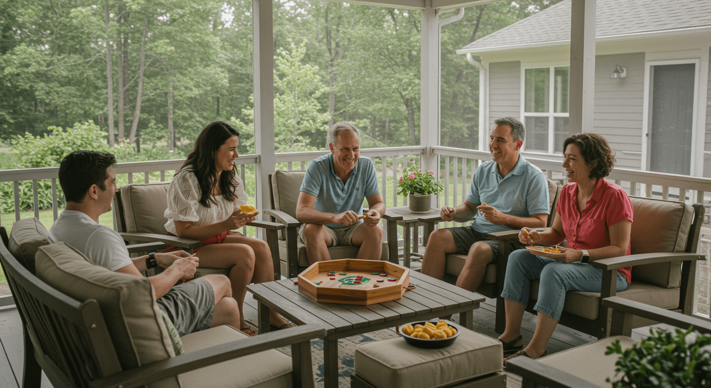A joyful family gathered on a spacious screened-in porch, playing games and enjoying snacks, surrounded by greenery, showcasing the social aspect of outdoor living.