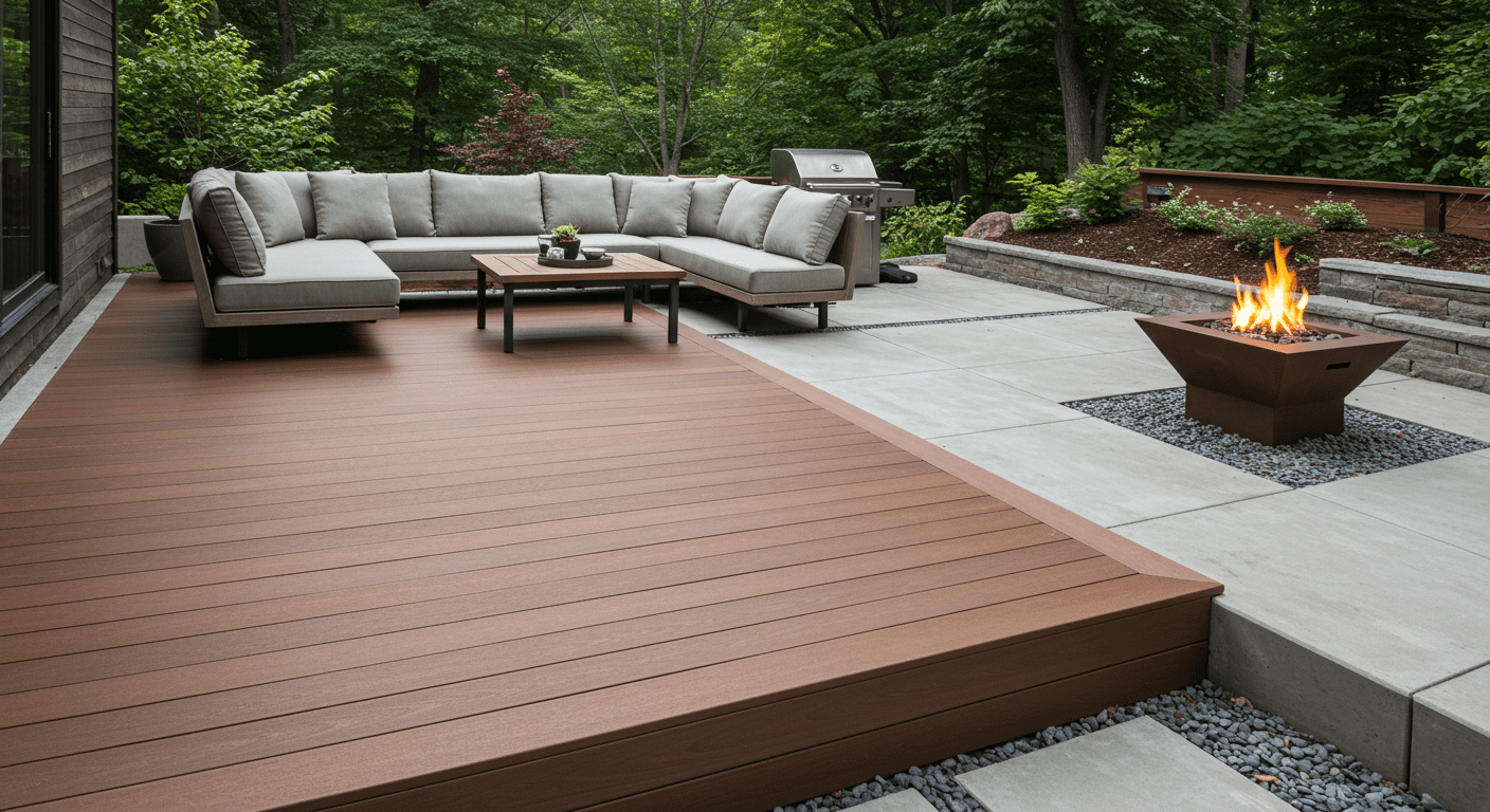 A modern composite deck with sleek lines that leads to a minimalist concrete patio. The area is styled with contemporary outdoor furniture and a fire pit, creating a chic outdoor living space.