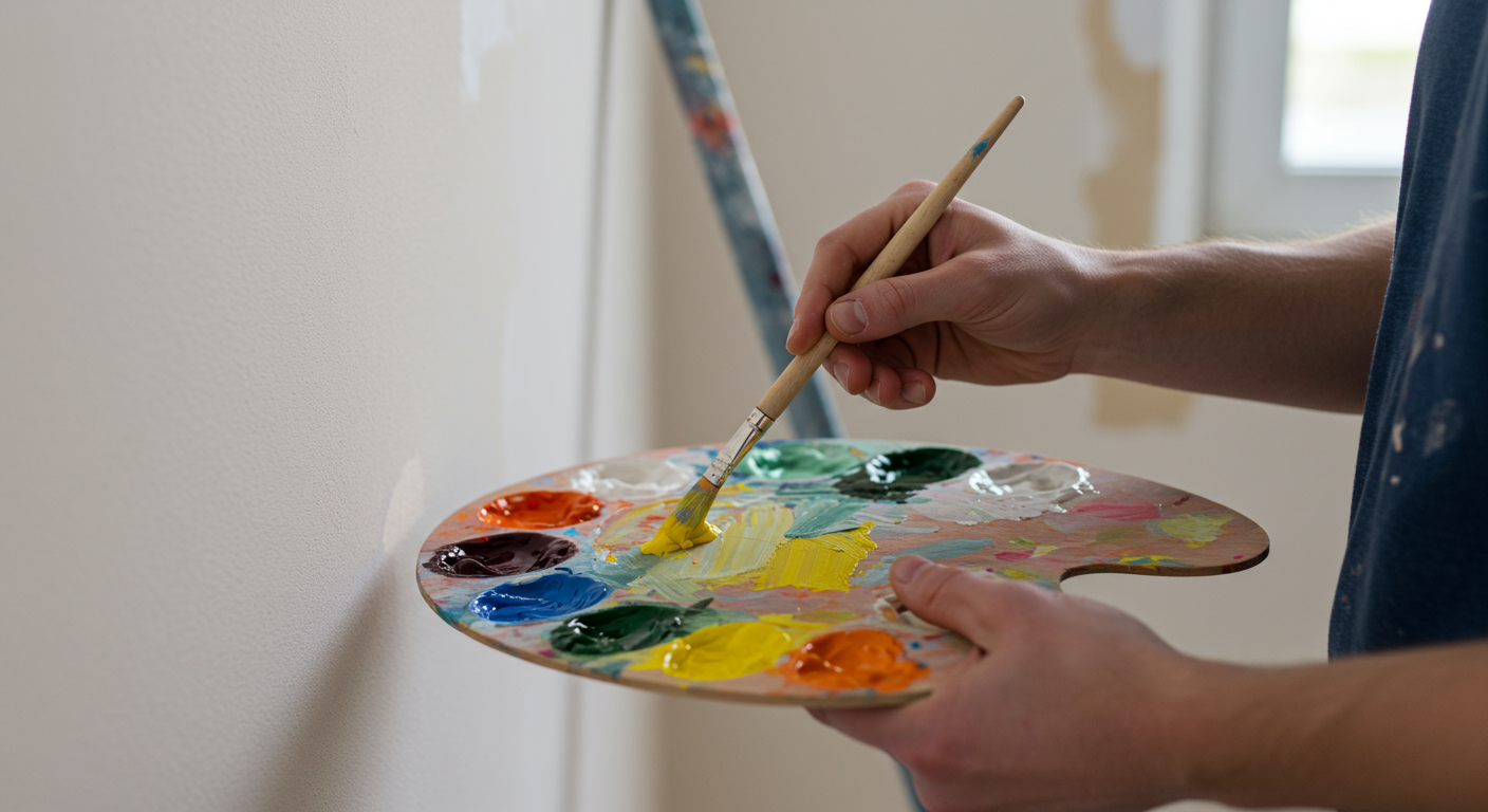 A close-up shot of a painter's hands mixing paint colors on a palette, with a backdrop of a partially painted wall in a home.