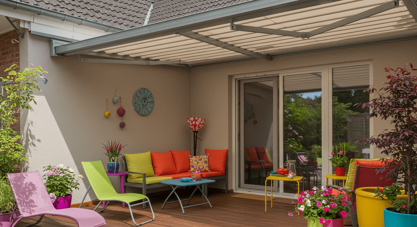 A vibrant outdoor space showcasing a retractable awning over a small deck, with colorful outdoor furniture and potted plants, illustrating versatility for changing weather conditions.