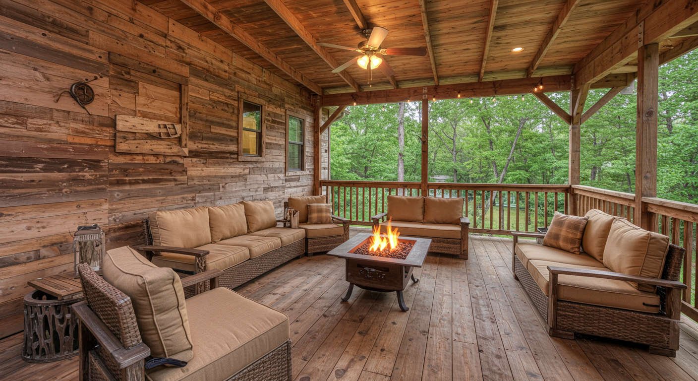 A rustic-style covered back deck featuring a fire pit surrounded by comfortable seating. The deck showcases reclaimed wood materials, giving it a charming, vintage feel.