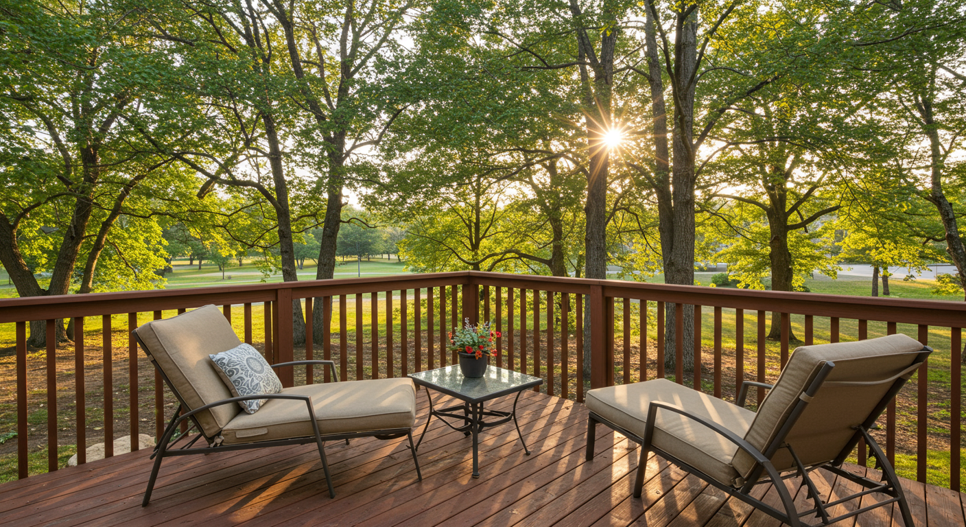A peaceful outdoor deck with a scenic view of trees and a nearby park. The deck features stylish lounge chairs and a small table, inviting relaxation. Soft sunlight filters through the leaves, creating a tranquil atmosphere.