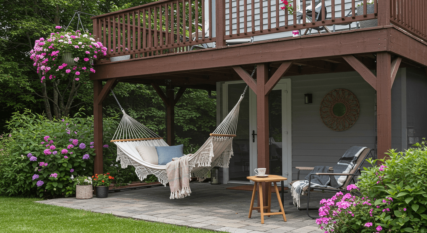 An elegant under deck screen porch designed as a serene retreat, complete with a hammock, soft throw blankets, and a small side table with a cup of tea. The surrounding area is filled with flowering plants, promoting relaxation and tranquility.