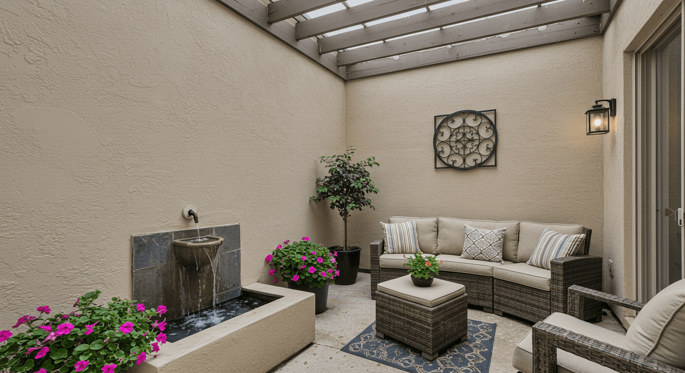 A serene closed-in patio that blends indoor and outdoor living, featuring a small water fountain, vibrant flowers, and comfortable seating.