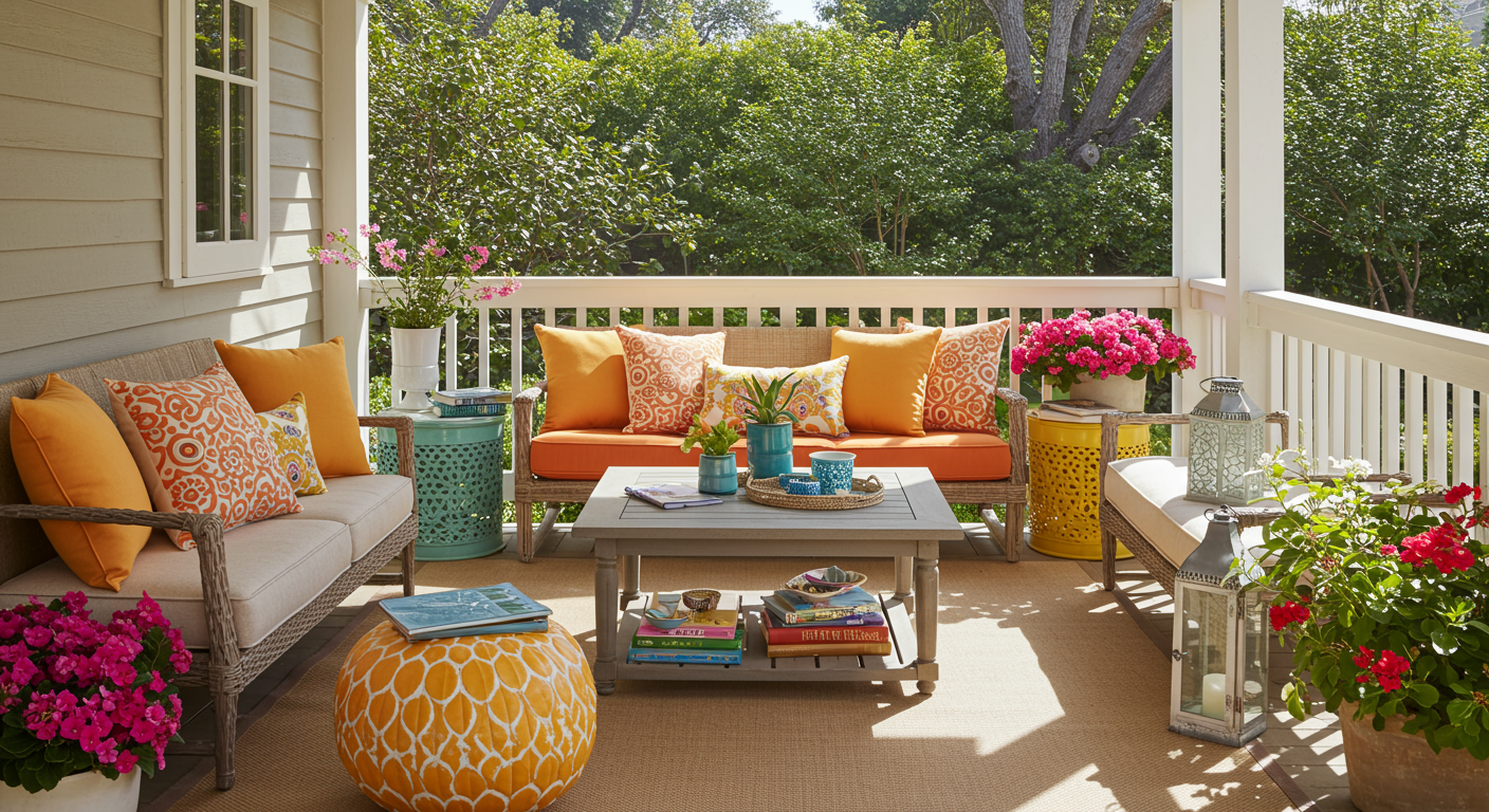 An inviting open-air porch with colorful outdoor cushions, a stylish coffee table, and decorative lanterns. The setting is enhanced by vibrant flowers and a sunny Los Angeles day, showcasing a lively outdoor lifestyle.
