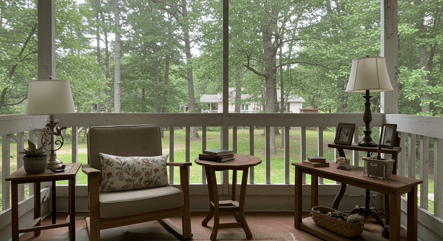 A serene screened-in porch designed as a cozy reading nook, complete with a comfortable chair, side table, and a small bookshelf. The background shows a peaceful garden view through the screens.