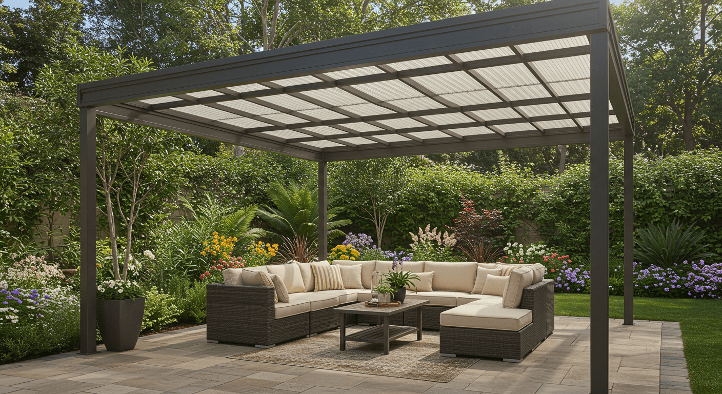 A beautifully designed custom aluminum patio in a Pasadena backyard, showcasing a spacious outdoor living area with comfortable furniture and lush greenery surrounding it. The sunlight filters through the patio cover, creating a warm and inviting atmosphere.
