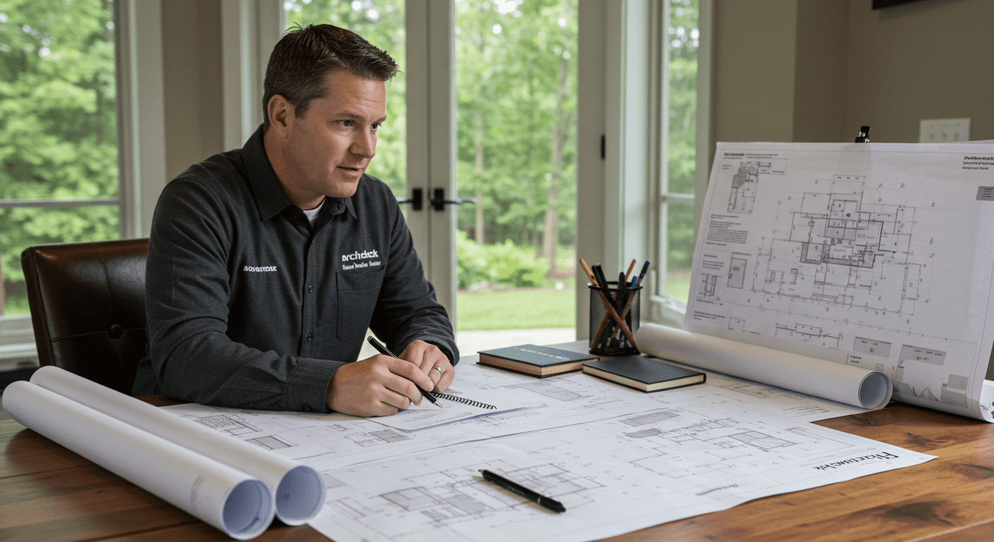 A professional Archadeck designer consulting with a homeowner at a table, with blueprints and design plans spread out. The setting is a well-lit office or design studio.