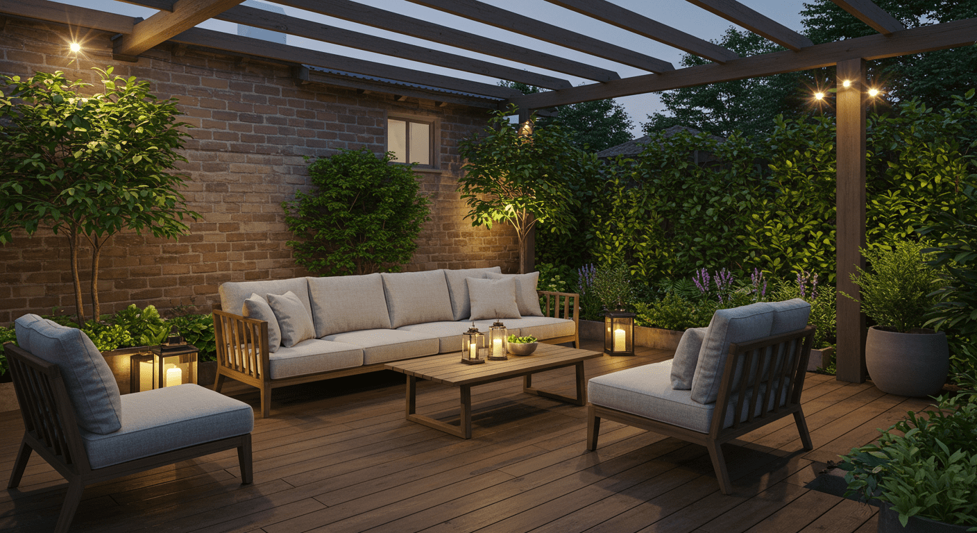 A beautifully designed patio deck featuring comfortable outdoor furniture, lush greenery, and ambient lighting. The setting is inviting, showcasing a perfect spot for relaxation and gatherings.