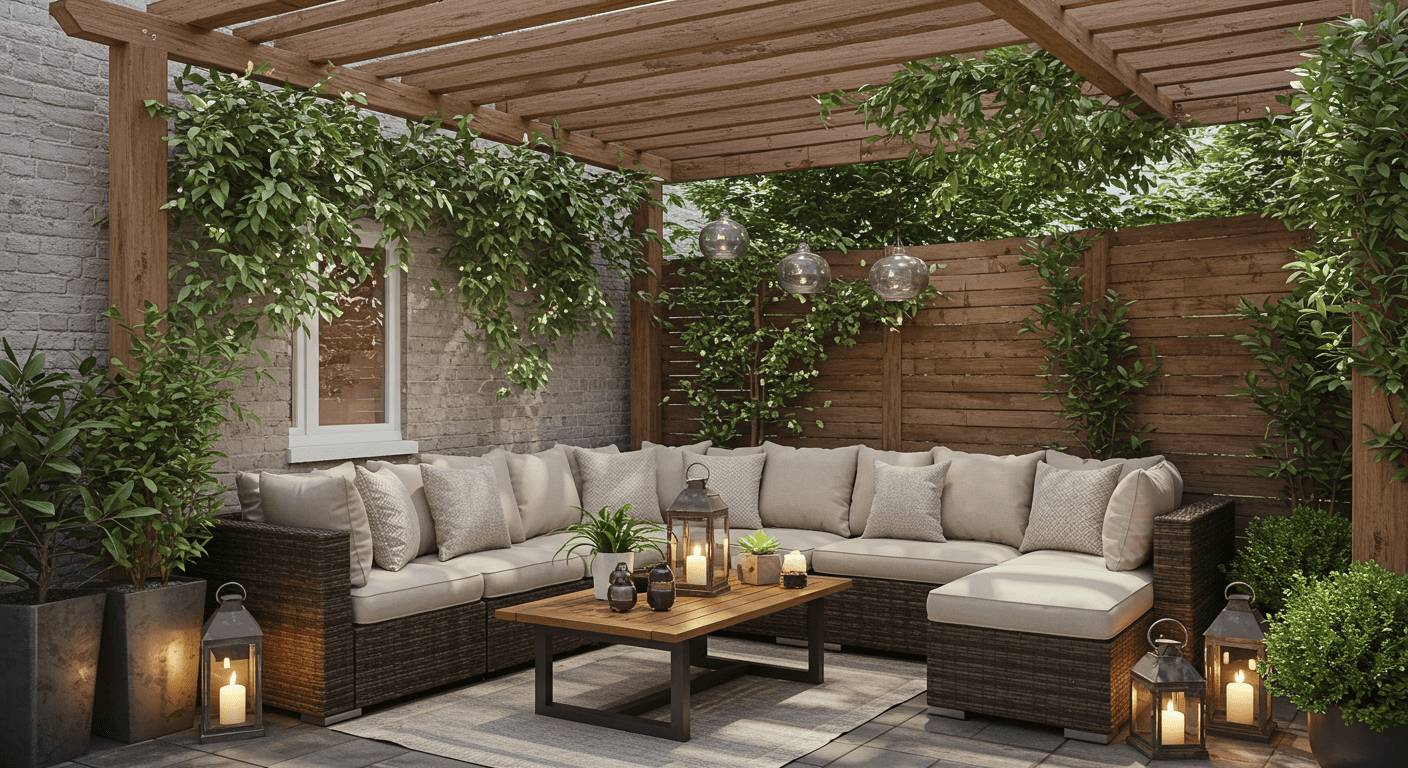 A stylish patio featuring a wooden pergola draped with climbing plants. The space includes comfortable seating and decorative elements like lanterns, creating a cozy and inviting atmosphere for outdoor relaxation.