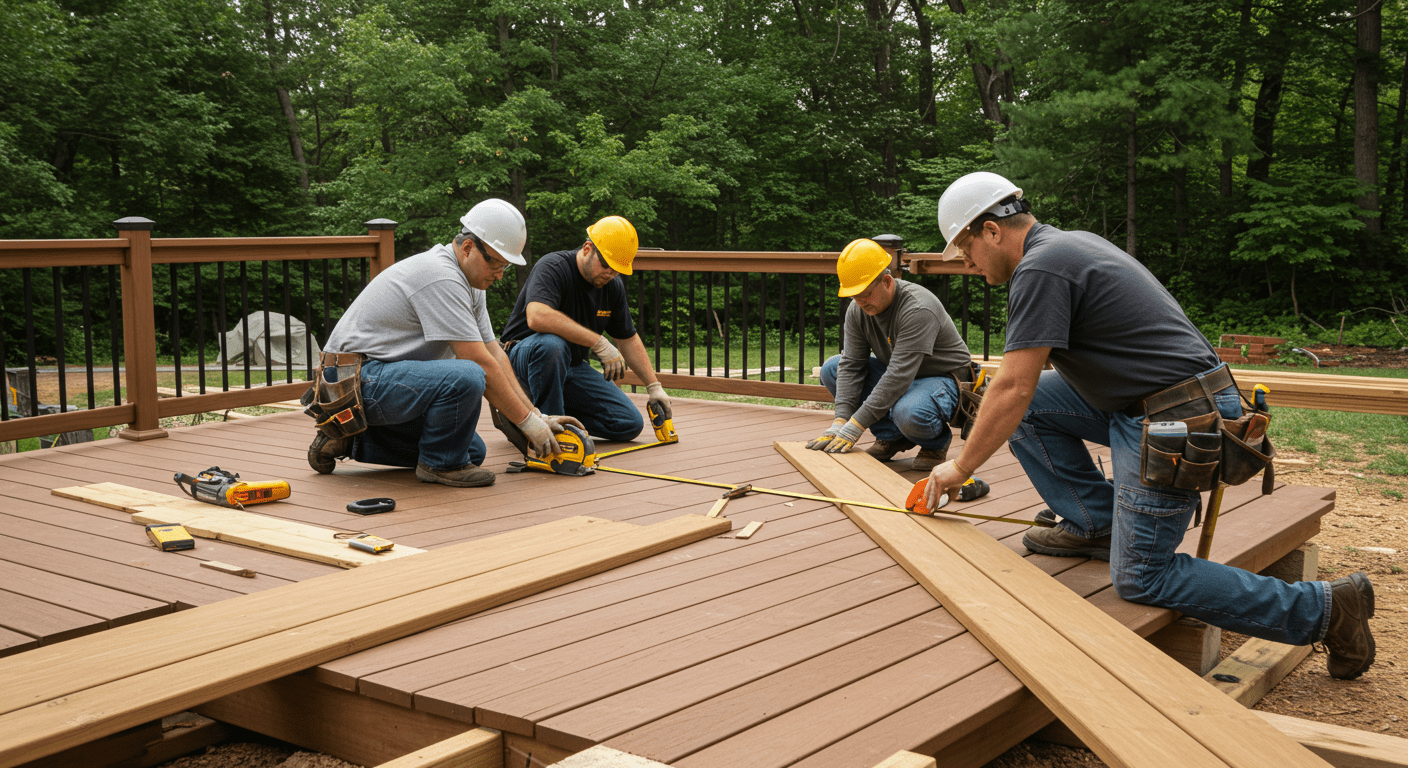 A team of professional builders collaborates on a deck installation project, showcasing teamwork and expertise.
